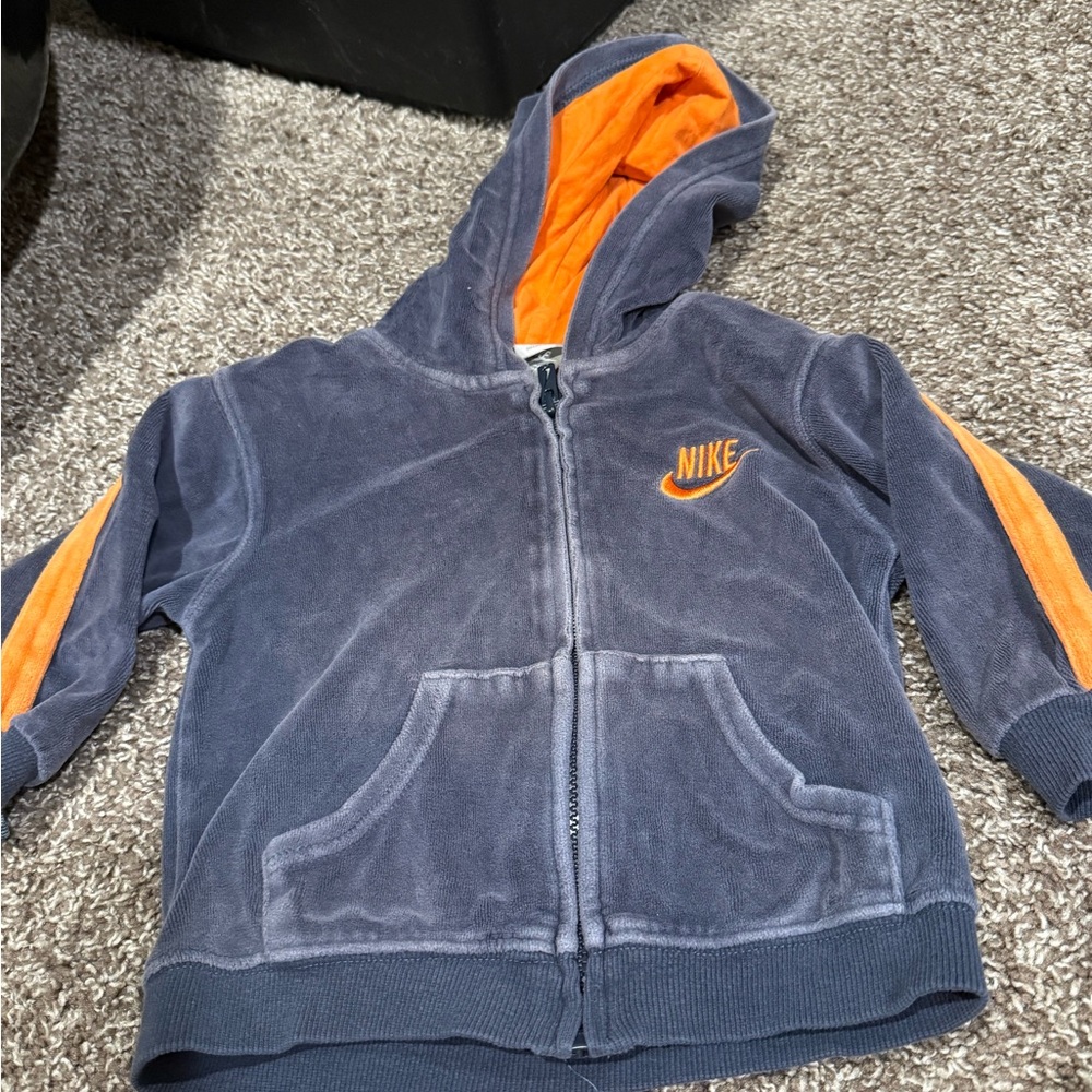🍎Nike grey and Orange Zip-Up Hoodie velour Sweatshirt